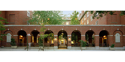 Photograph of the arched entrances to Vanderbilt Hall at New York University's School of Law.