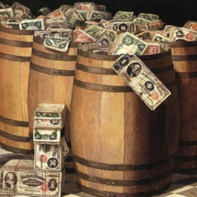 Photograph of cash in wooden barrels.