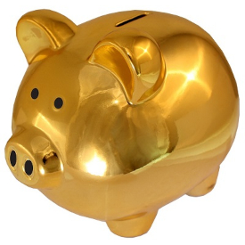 Rendering of golden piggy bank.